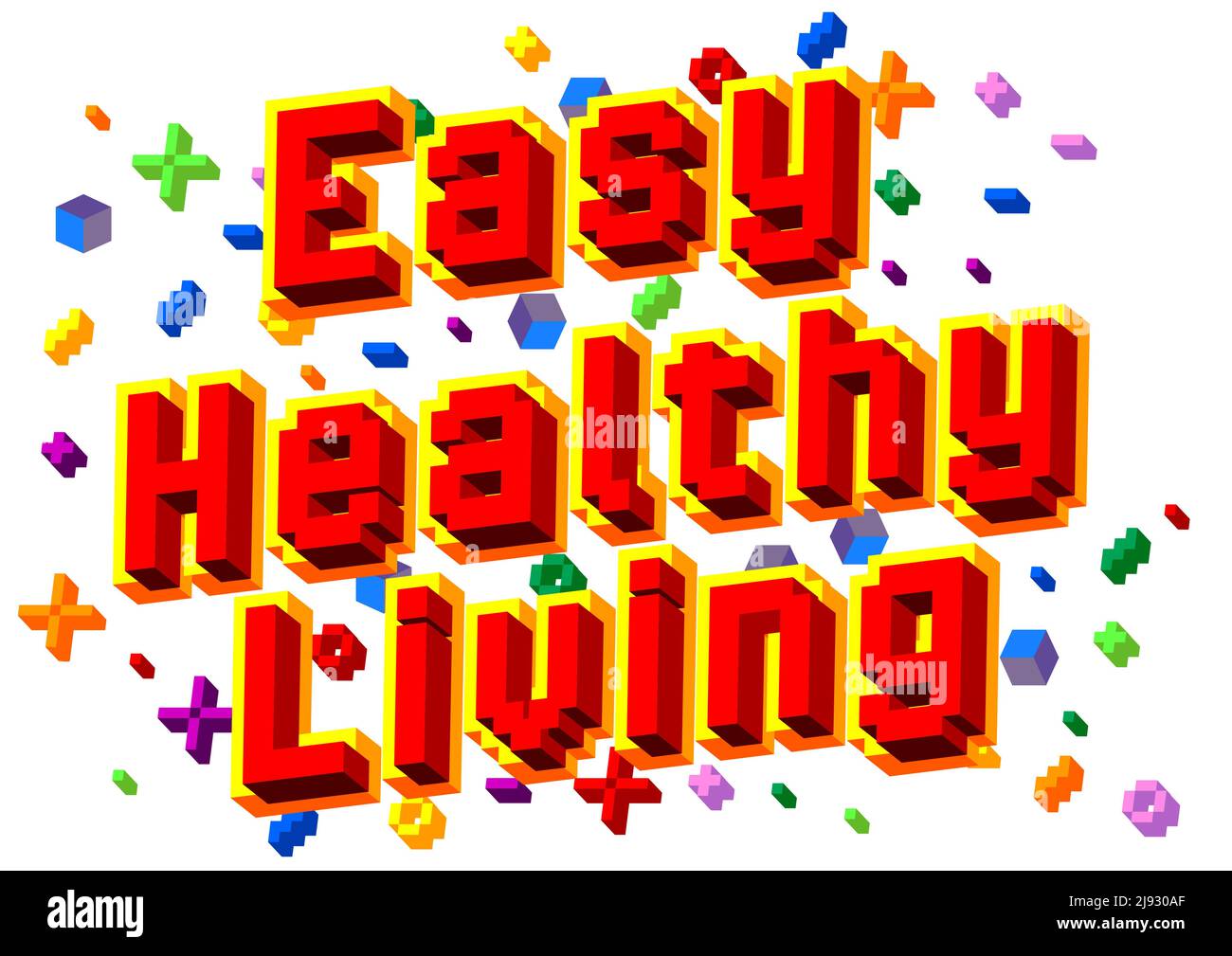 Easy Healthy Living. Verpixeltes Wort mit geometrischem grafischem Hintergrund. Vektorgrafik Cartoon-Illustration. Stock Vektor