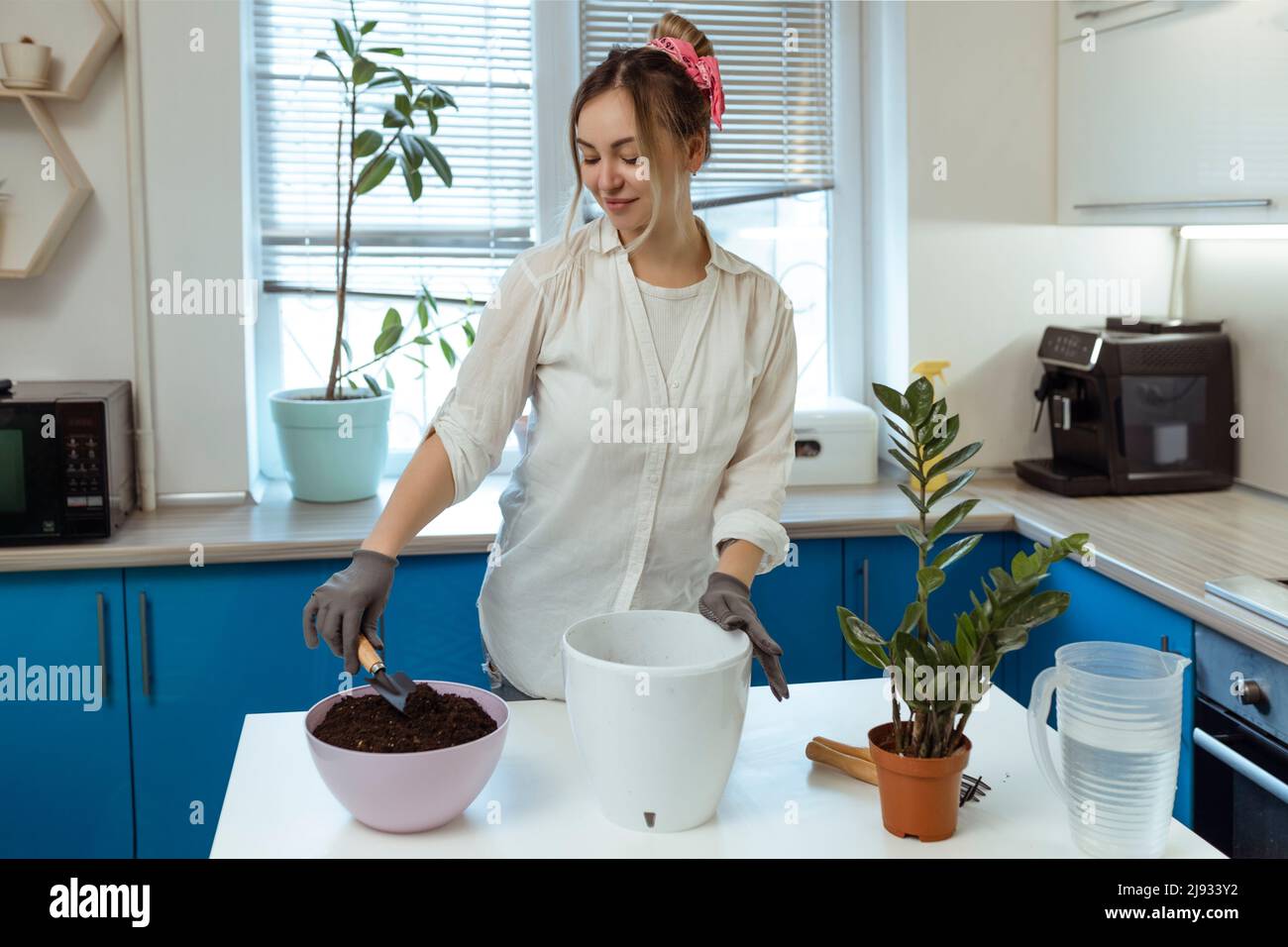 Ein süßes Mädchen transplantiert zu Hause eine Pflanze in Gartenhandschuhen. Spazieren Sie und dekorieren Sie Ihr Zuhause mit Pflanzen und frischen Blumen Stockfoto