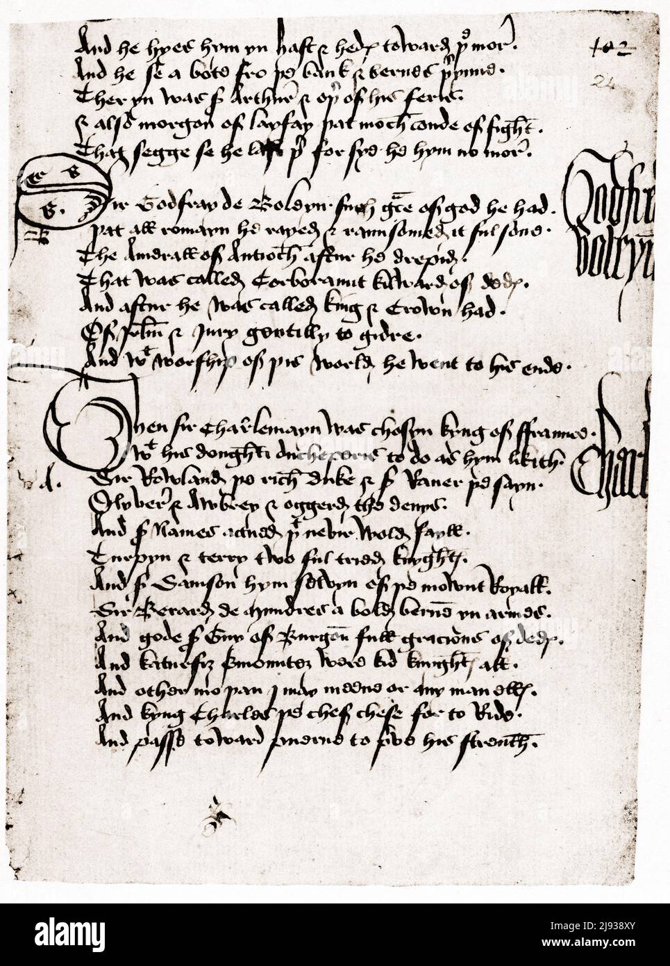 Faksimile einer englischen Handschrift aus dem 15.. Jahrhundert, dem Parlemant der drei Zeitalter, mit handgeschriebenem Text Stockfoto