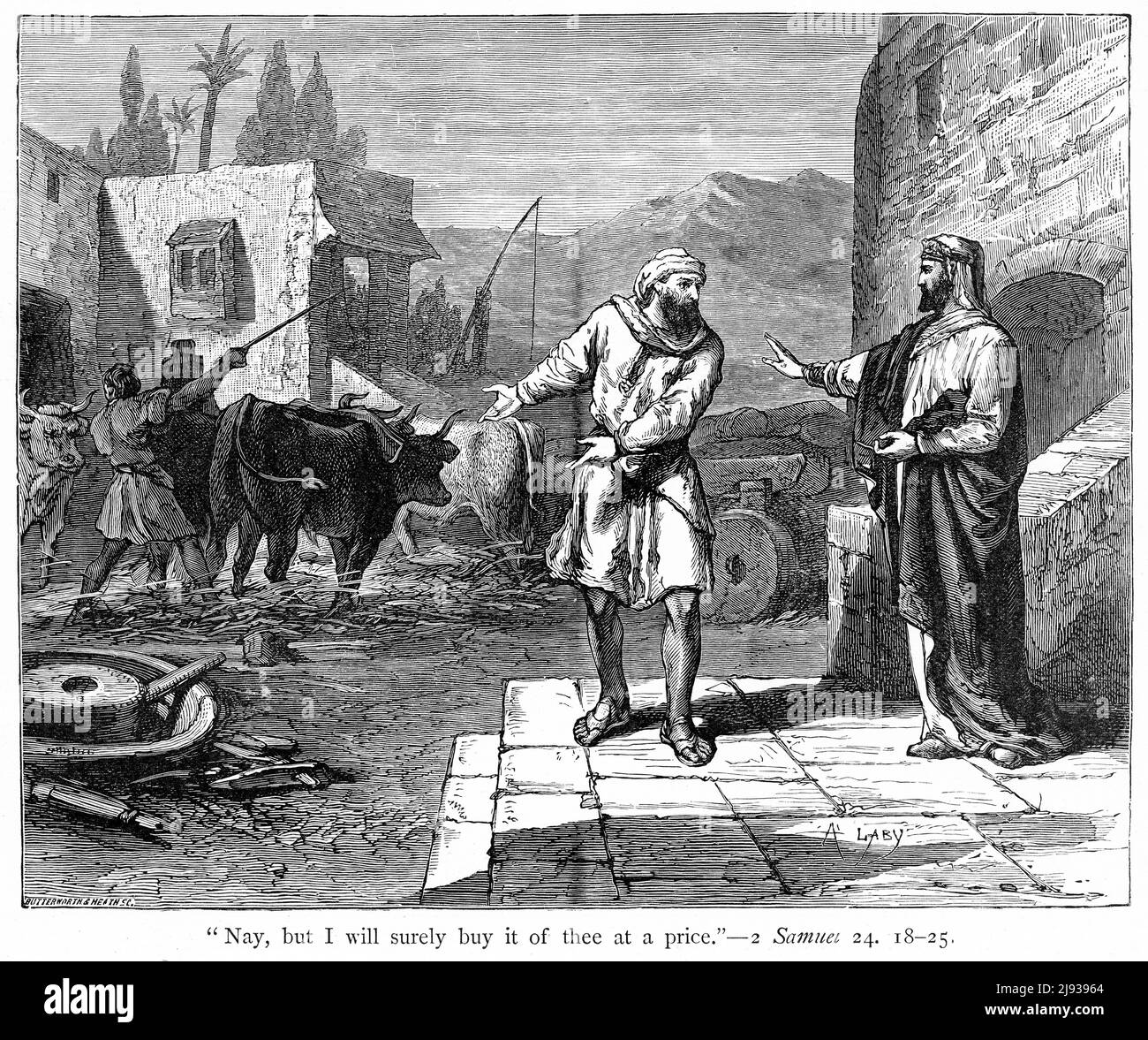 Stich des Königs David, der die Tenne von Araunah, dem Jebusiter, kaufte - 1. Samuel 24:18-24 Stockfoto