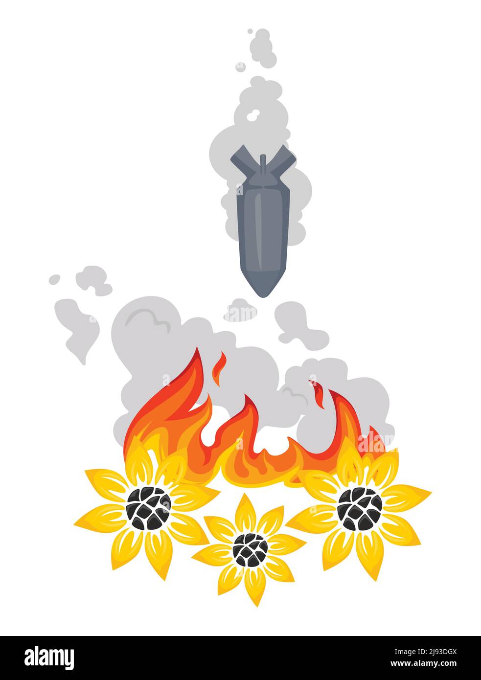 Militärbombe, Rakete fällt auf die Ukraine. Das Land ist in Flammen. Krieg beenden. Stock Vektor