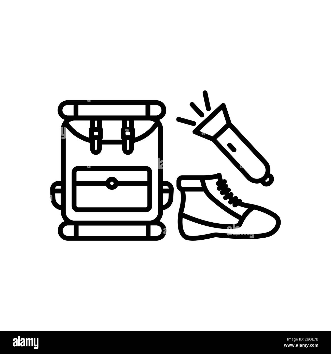 Symbolvektor für Campingzubehör. Taschen, Taschenlampen, Schuhe. Line Icon Stil. Einfaches Design bearbeitbar. Entwerfen Sie eine einfache Illustration Stock Vektor