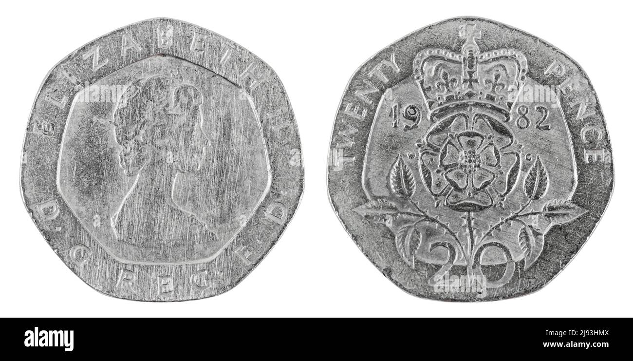Die alte zwanzig Pence Münze isoliert auf weißem Hintergrund, Save Clipping path. Stockfoto