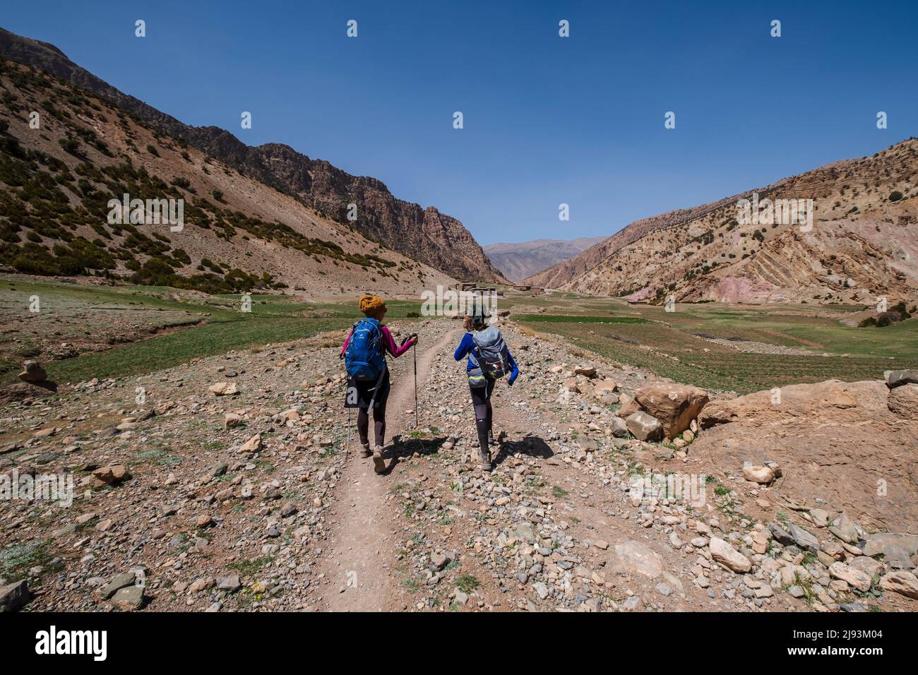 Trekker auf dem Trail, MMoun Trek, Ait Said, Atlas-Gebirge, marokko, Afrika Stockfoto