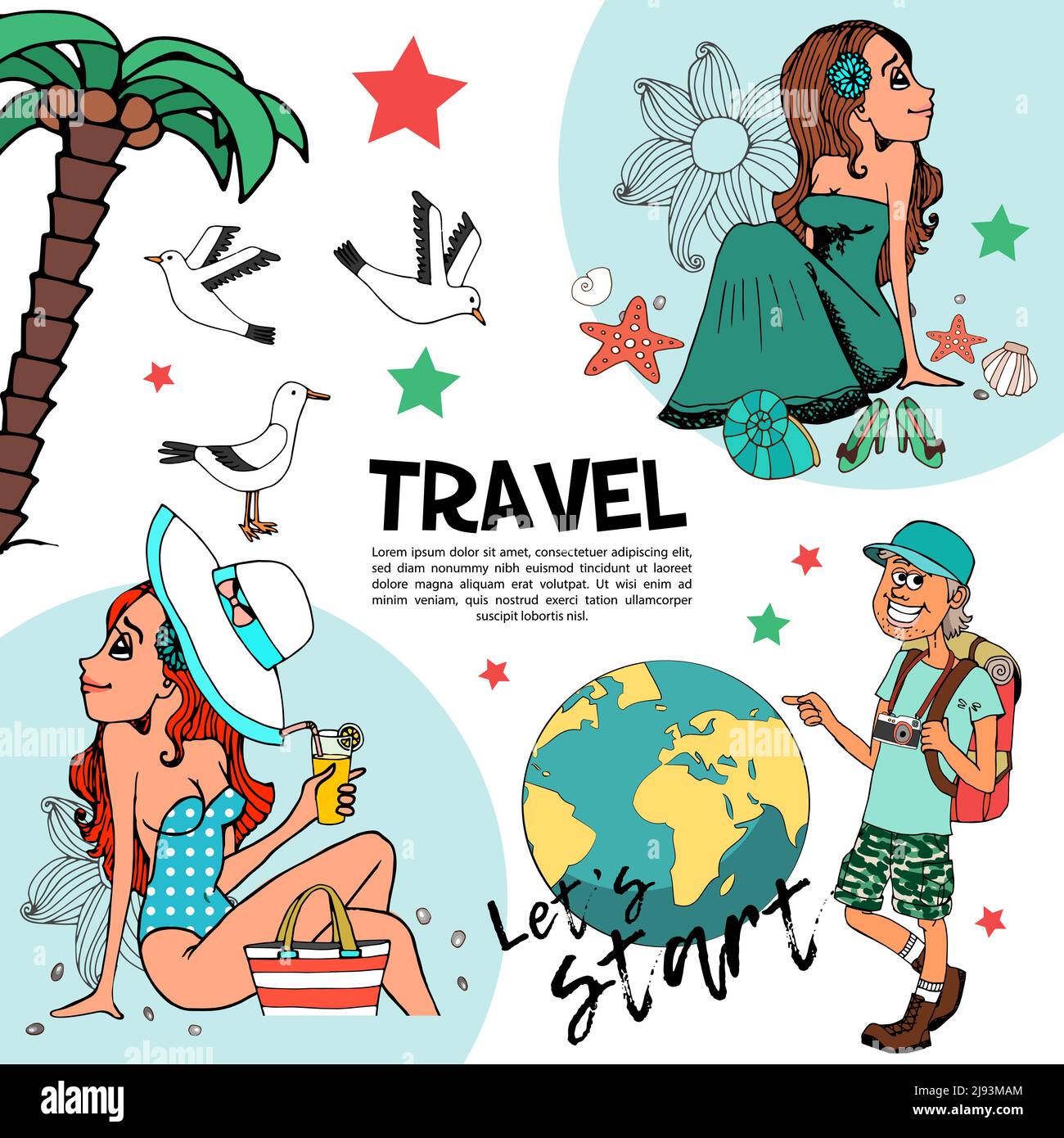 Wohnung Sommerurlaub Zusammensetzung mit fröhlichen Touristen schöne Frauen entspannend Am Strand Möwen Palme Erde Globus Vektor Illustration Stock Vektor