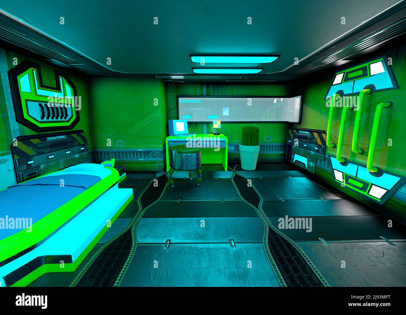 3D-Rendering eines Science-Fiction-Raumstation-Innenraums Stockfoto