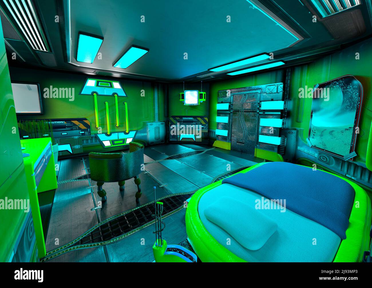 3D-Rendering eines Science-Fiction-Raumstation-Innenraums Stockfoto