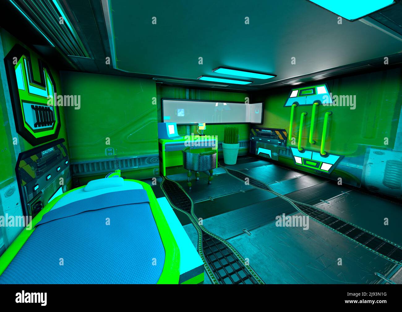 3D-Rendering eines Science-Fiction-Raumstation-Innenraums Stockfoto