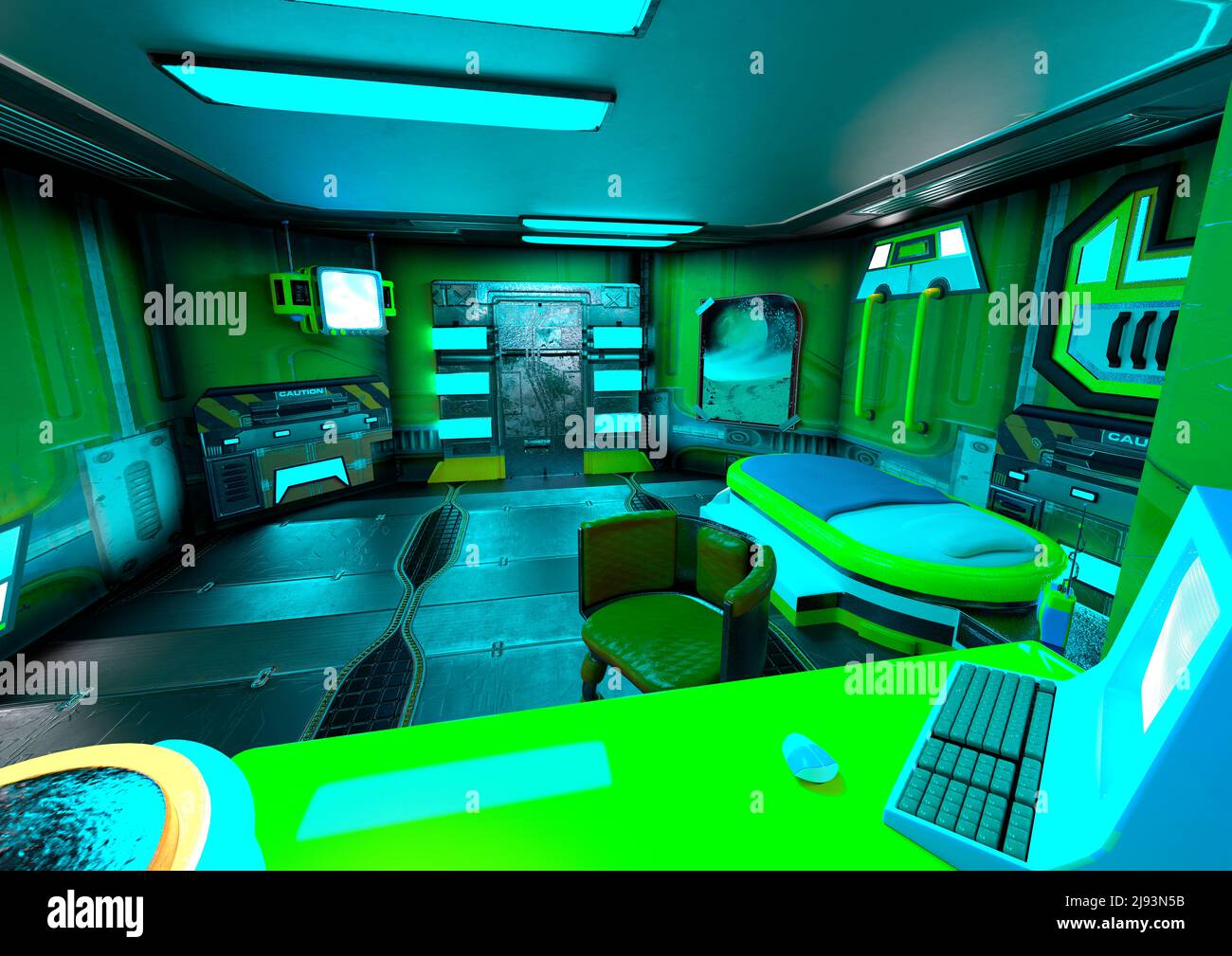 3D-Rendering eines Science-Fiction-Raumstation-Innenraums Stockfoto