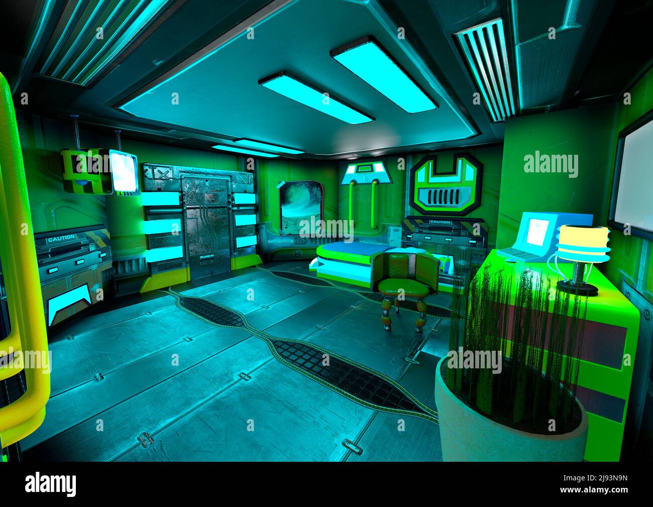 3D-Rendering eines Science-Fiction-Raumstation-Innenraums Stockfoto