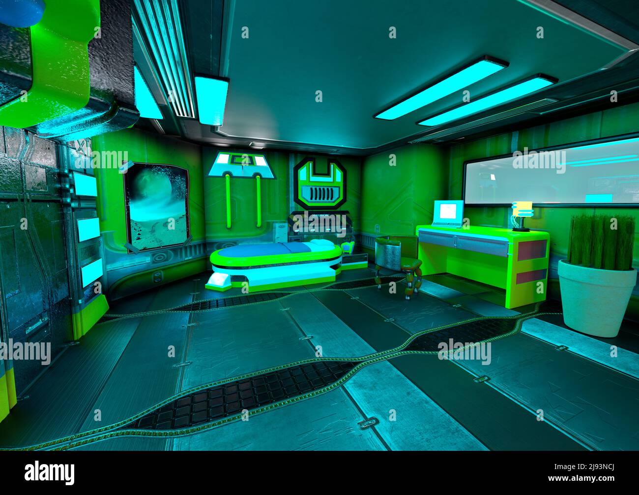 3D-Rendering eines Science-Fiction-Raumstation-Innenraums Stockfoto