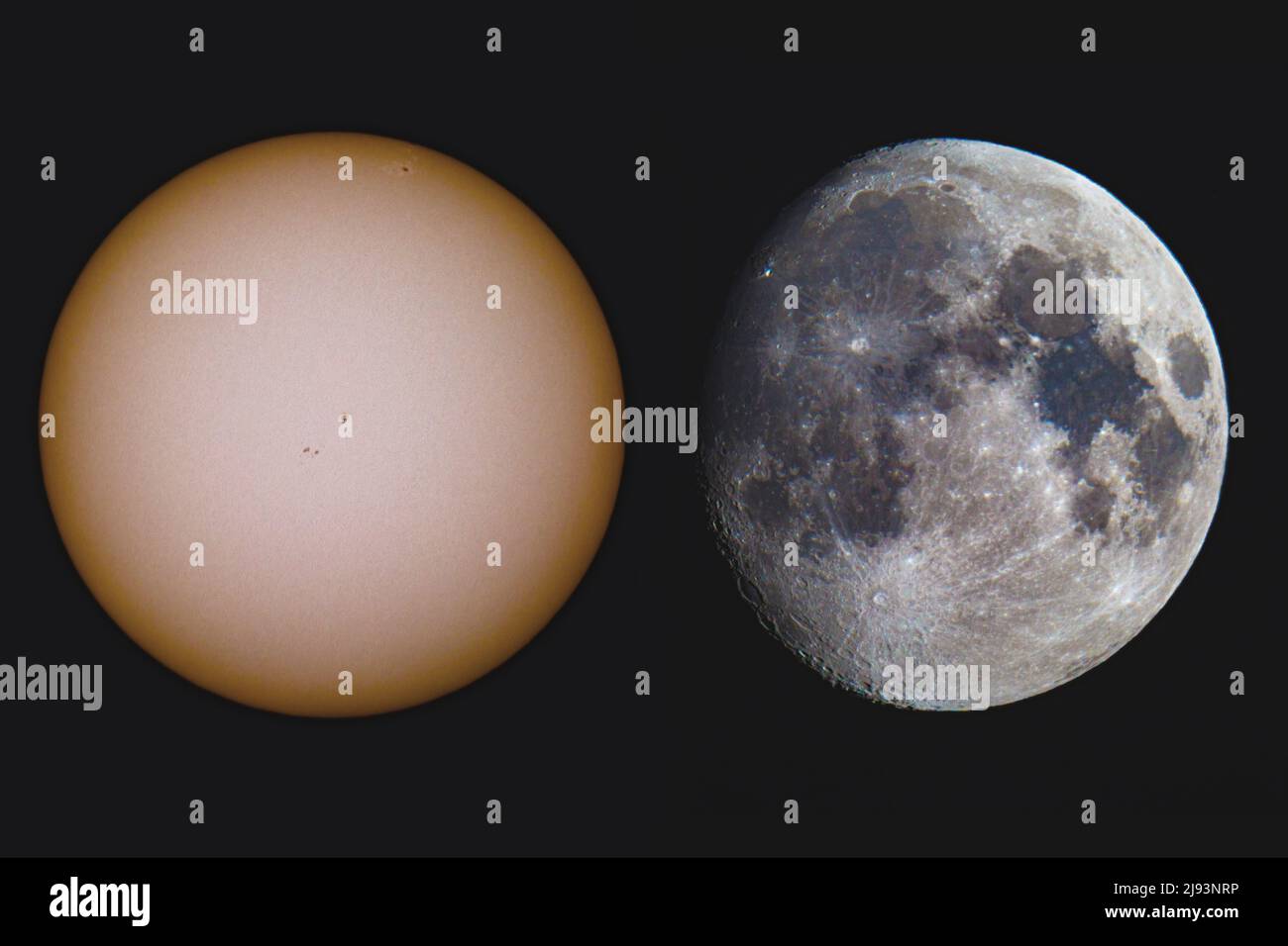 Mond und Sonne durch ein Teleskop gesehen Stockfoto