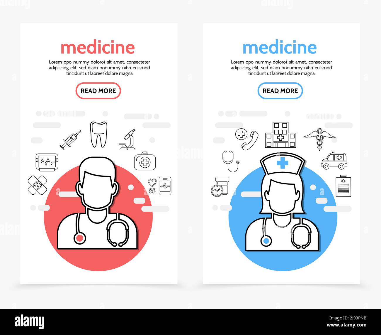 Healthcare vertikale Banner mit Arzt Krankenschwester Pflaster Kardiogramm Spritze Zahn Mikroskop medizinische Kit Pillen Stethoskop Krankenhaus Krankenwagen caduceu Stock Vektor