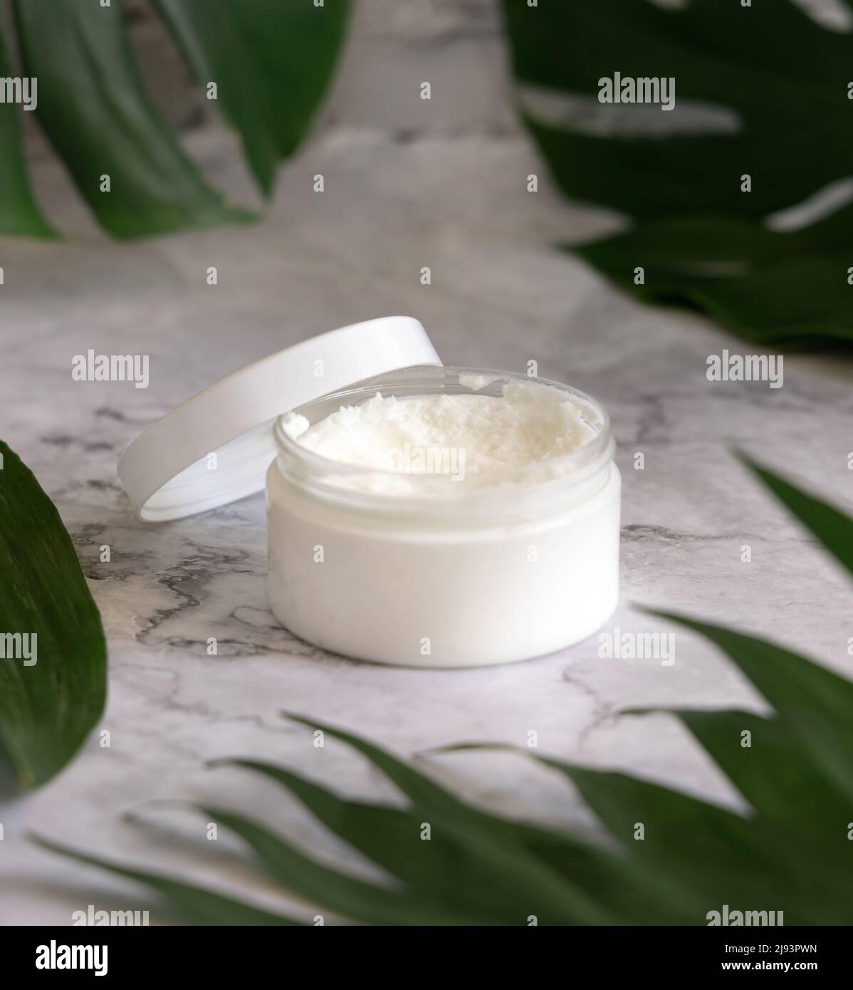 Geöffnetes weißes Glas und Monstera-Blätter auf Marmortisch aus nächster Nähe. Modell der Markenverpackung. Hautpflegeprodukt, Creme oder Butter. Hausgemachte Herba Stockfoto