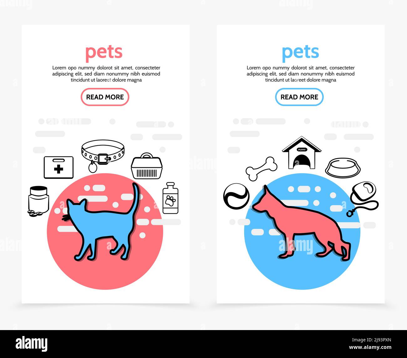 Pets care vertikale Banner mit Katzenhund Futter Halsbänder Leine Medizinische Kit Pillen Knochen hundehütte Träger Schüssel Linie Symbole Vektor Abbildung Stock Vektor