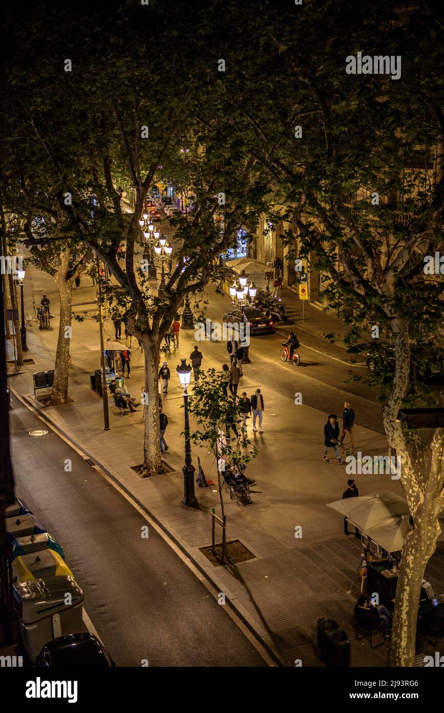 Die emblematische Promenade von La Rambla / Las Ramblas in Barcelona, bei Nacht (Barcelona, Katalonien, Spanien) ESP: El paseo emblemático de La Rambla, BCN Stockfoto