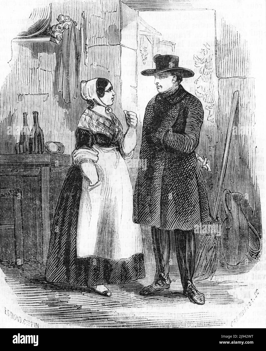 Premier Empire : l'Empereur Napoleon Ier (1769-1821) en voyage pour l'ile d'Elbe inkognito traverse la commune de Orgon en provence pour eviter les fureurs de la foule 25 avril 1814 - Gravure tiree de 'Histoire de France' de Germain Sarrut 1854 Collection privee Stockfoto