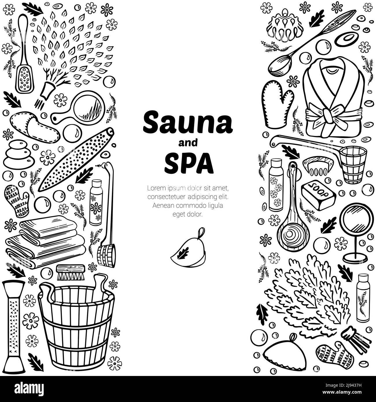 Sauna, Spa und Badeannehmlichkeiten. Skizze von Gegenständen im Doodle-Stil. Verziert zwei Seiten vertikal mit Platz für Text. Auf weißem Hintergrund. Vektorgrafik Stock Vektor