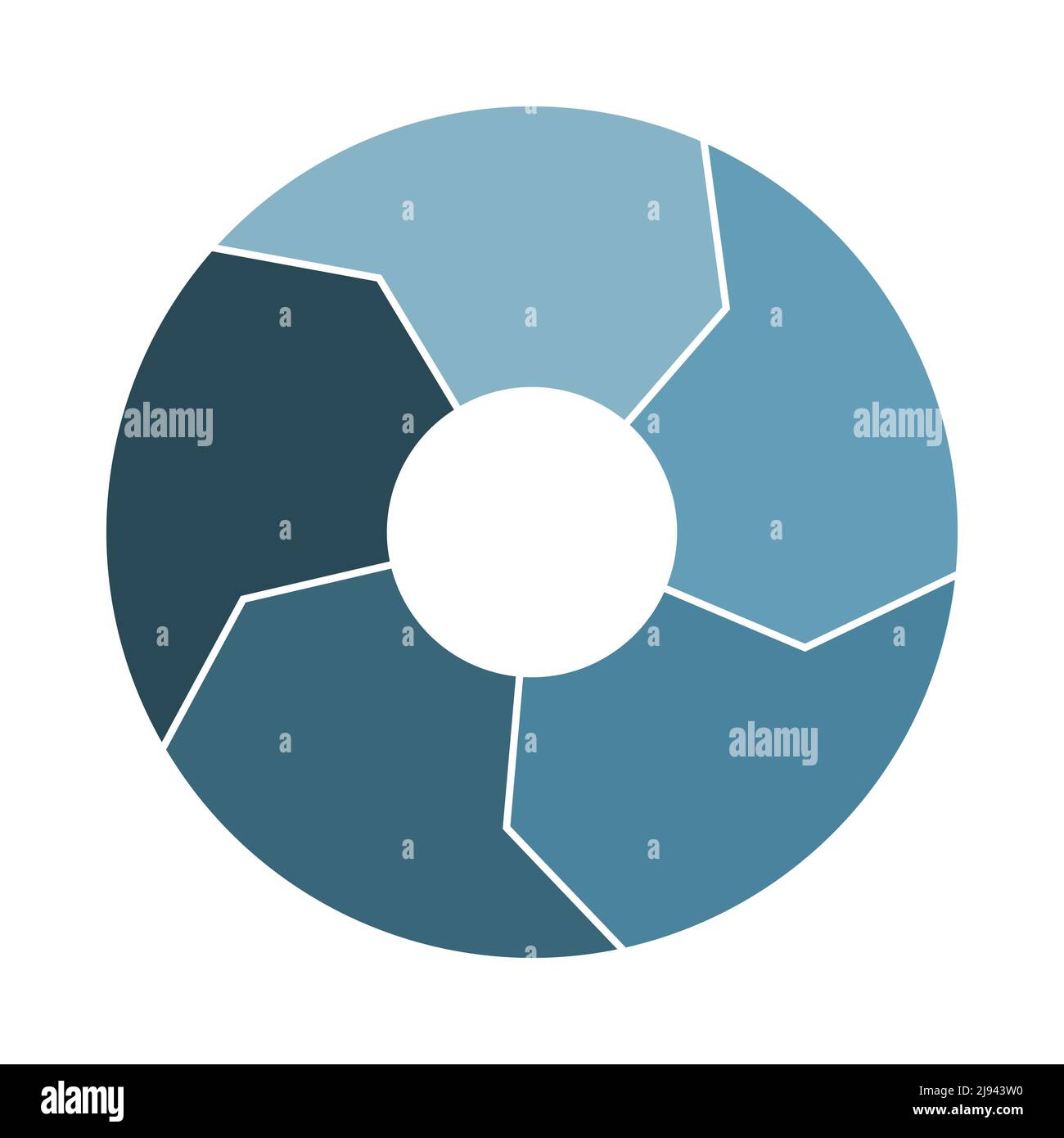 Lebenszykluszirkulation mit 5 Pfeilen. Infograf „fünf dicke Teile drehen“. Infografiken aus blauem Stahl in Marineblau. Flache Vektorgrafik. Stock Vektor