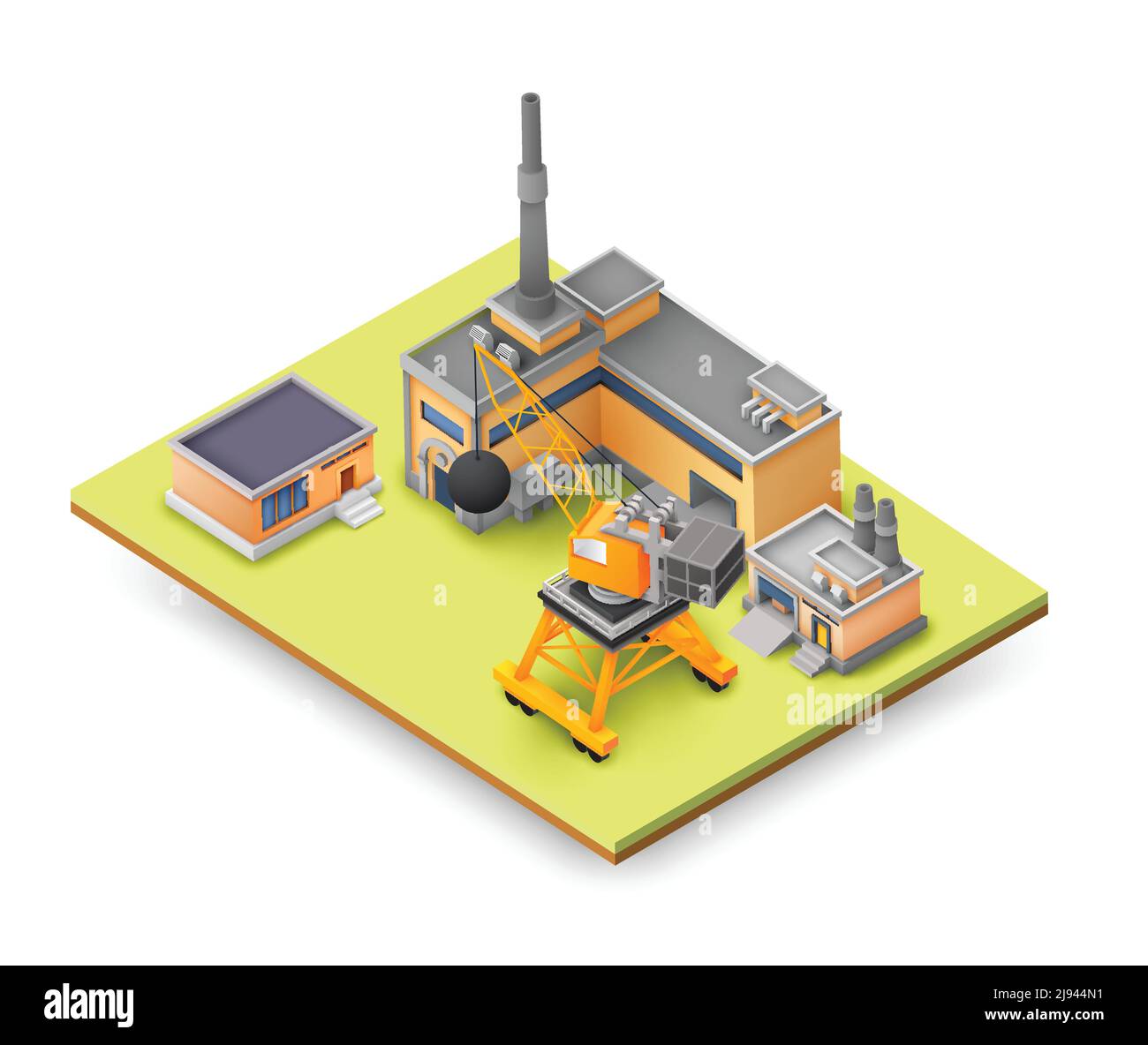 Factory Objects Design Konzept auf gelber Platte mit Industriekonstruktionen, farbige Gebäude, Hebezeuge und verschiedene Objekte Konzept vecto Stock Vektor