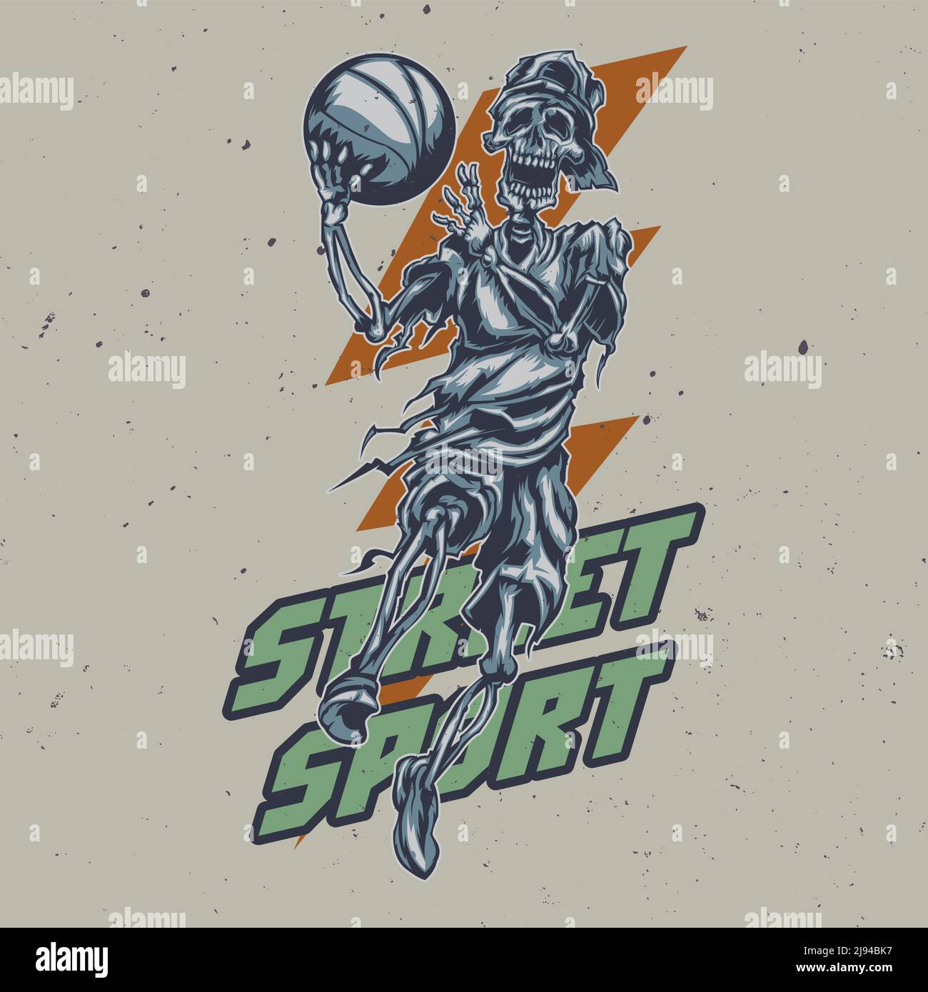 T-Shirt oder Poster-Design mit Darstellung des Skelett-Streetball-Spieler Stock Vektor