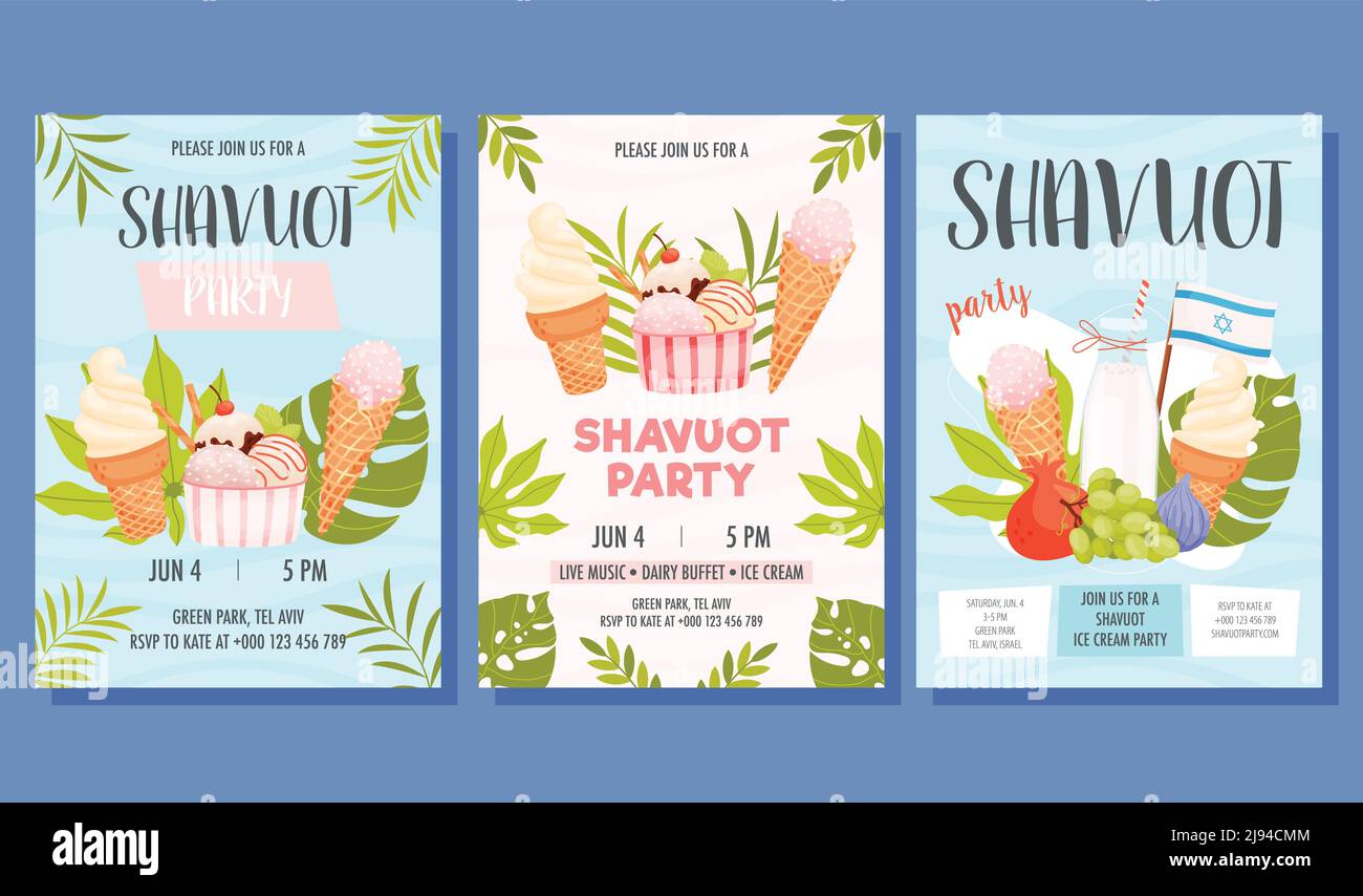 Shavuot Tag Party einladen Konzept Karten gesetzt. Alles gute zum shavuot Tag. Vektorgrafik Stock Vektor