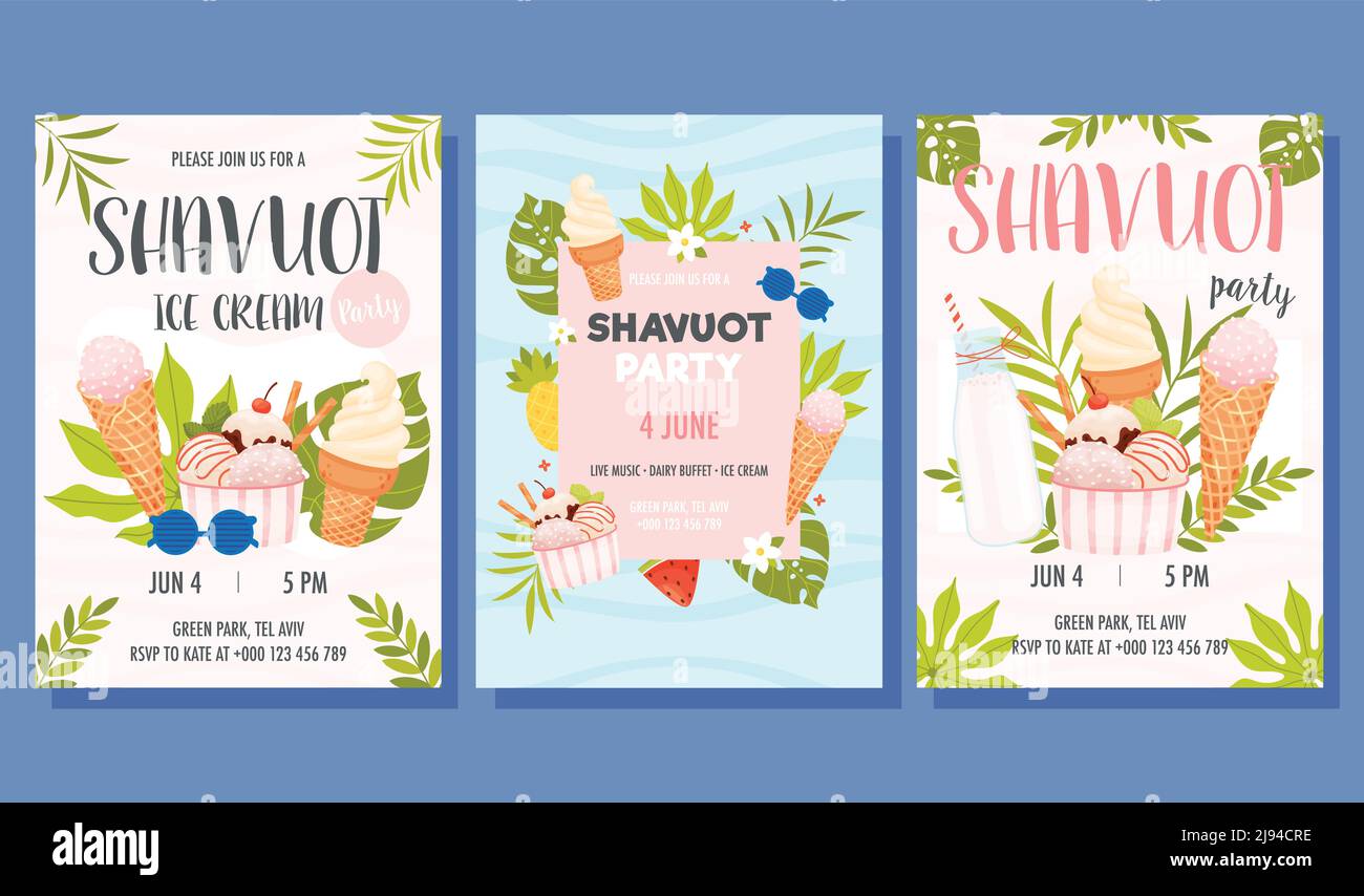 Shavuot Tag Party einladen Konzept Karten gesetzt. Alles gute zum shavuot Tag. Vektorgrafik Stock Vektor