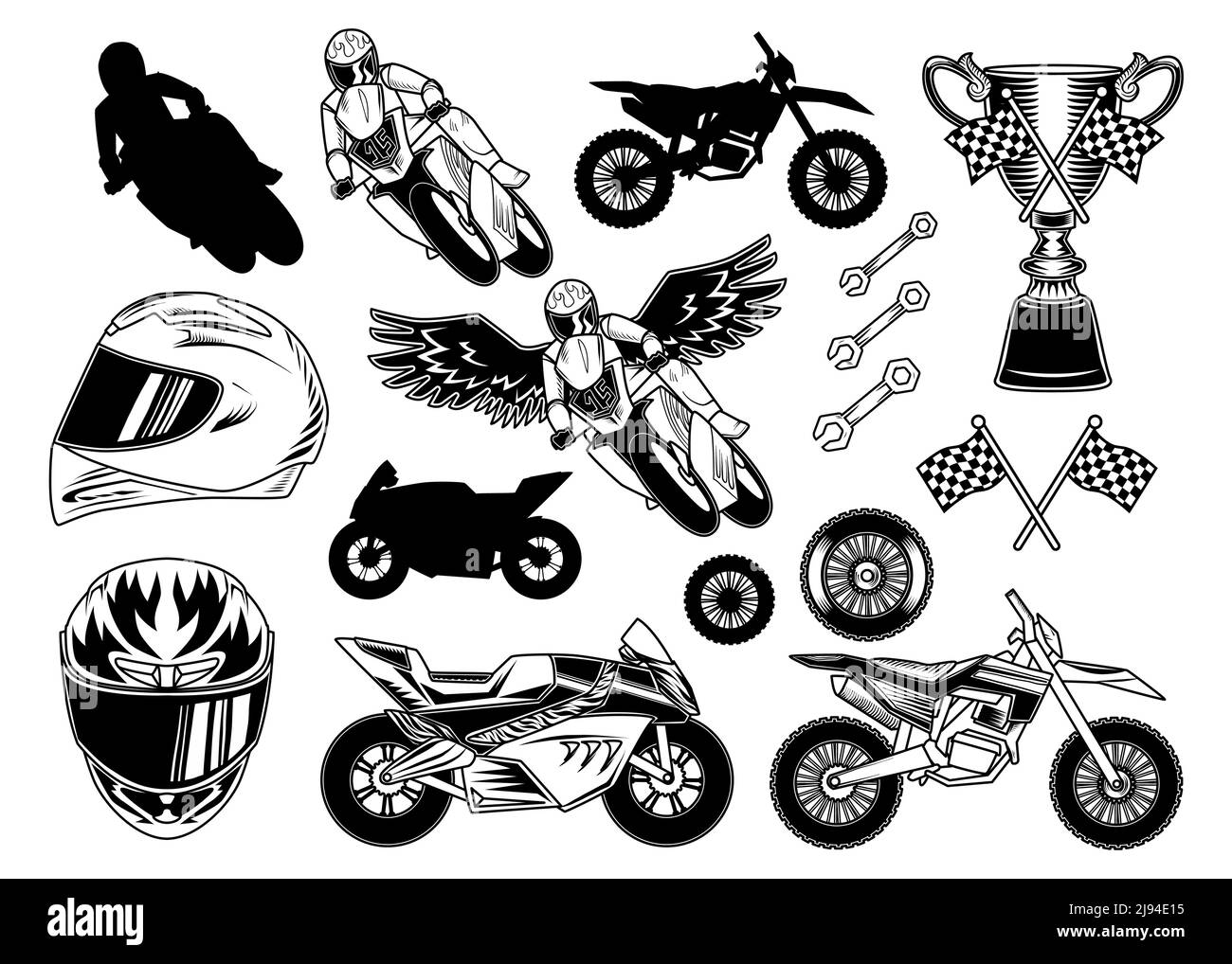 Set von Motorrad-Elementen für die Erstellung Ihrer eigenen Abzeichen, Logos, Etiketten, Poster etc. Isoliert auf weiß. Stock Vektor