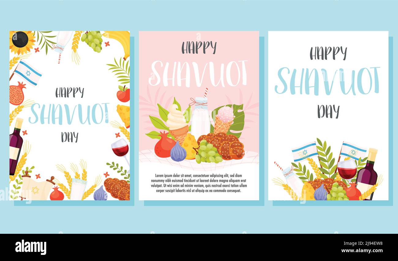 Happy Shavuot Tag Grußkarten Set. Übersetzung aus dem hebräischen Text - Happy Shavuot. Vektorgrafik Stock Vektor