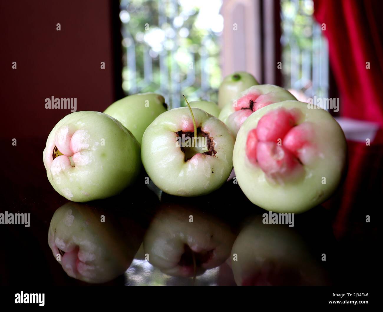 Einige frische weiße Wachsäpfel mit weichem Hintergrund, indische Sommerfrucht, bekannt als Jamrul, Nahaufnahmen mit Reflexion Stockfoto