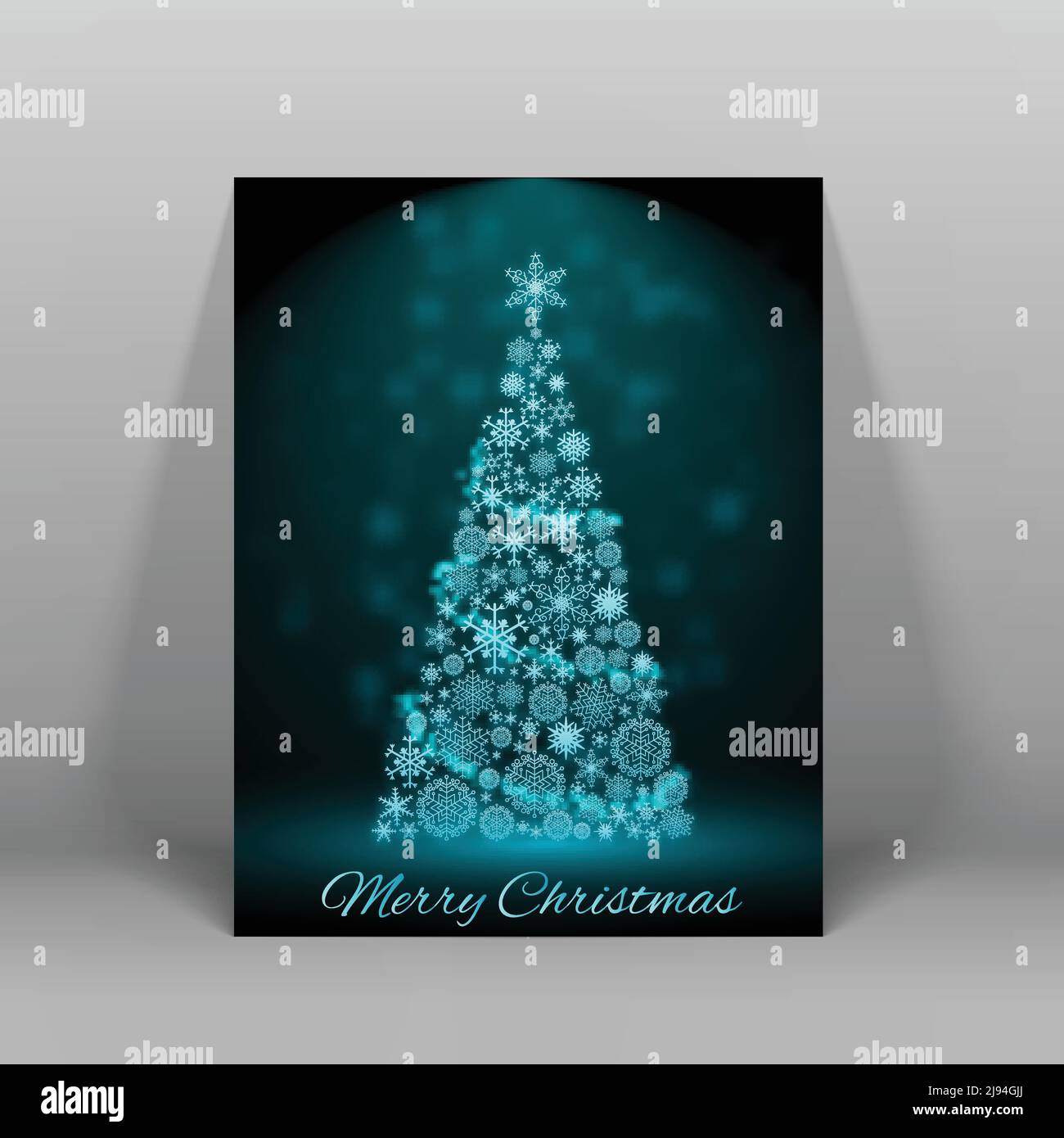 Dunkle fröhliche weihnachtskarte mit großen verzierten Tannenbaum in Blaue helle flache Vektorgrafik Stock Vektor