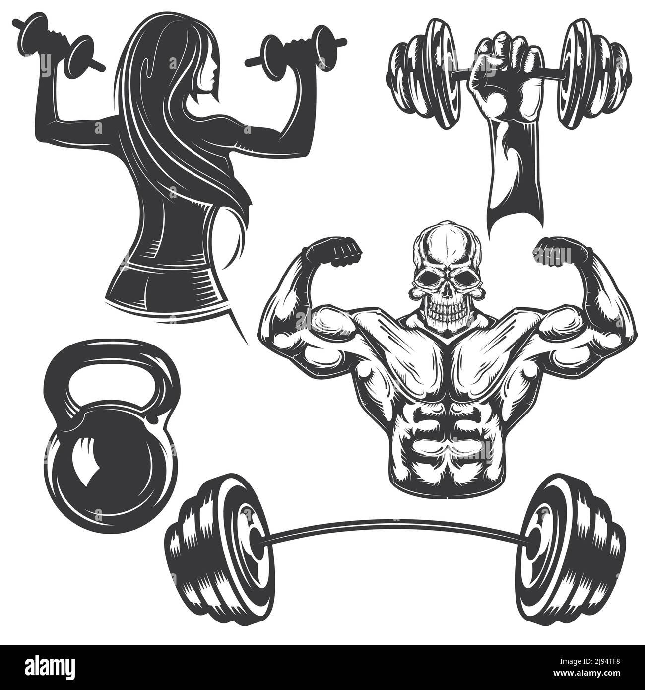 Set von Turnhalle-Elemente für die Erstellung Ihrer eigenen Abzeichen, Logos, Etiketten, Plakate etc. Isoliert auf weiß. Stock Vektor