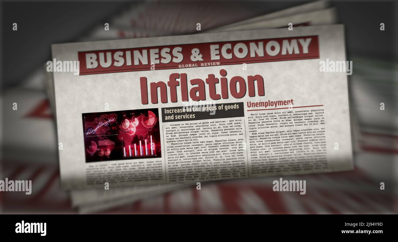 Inflation, Wirtschaft, Arbeitslosigkeit und steigende Preise. Zeitungsdruck. Abstraktes Konzept der Vintage-Presse. Retro 3D Rendering-Illustration. Stockfoto