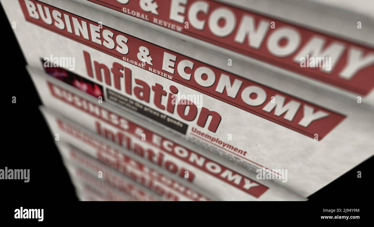 Inflation, Wirtschaft, Arbeitslosigkeit und steigende Preise. Zeitungsdruck. Abstraktes Konzept der Vintage-Presse. Retro 3D Rendering-Illustration. Stockfoto