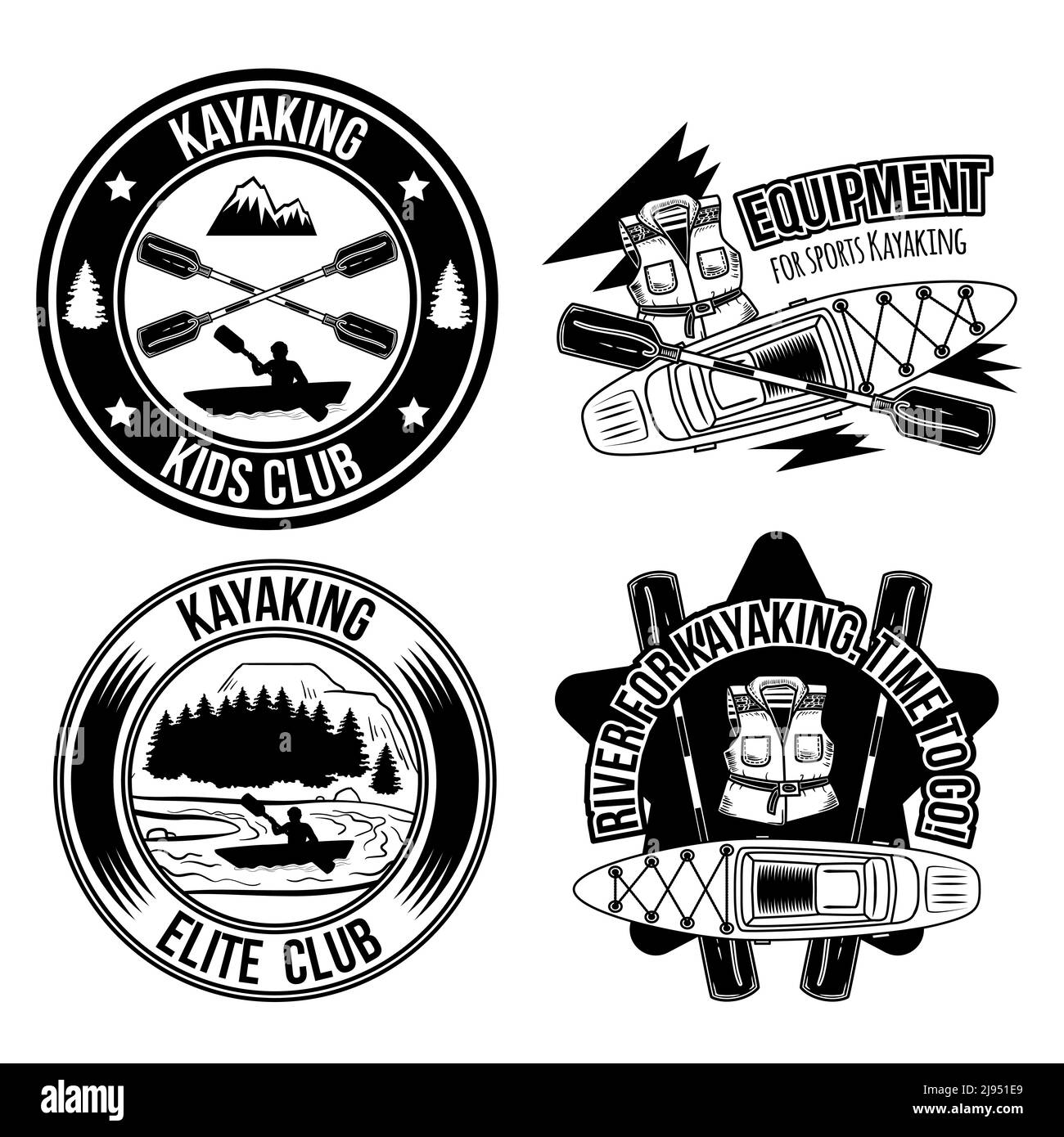 Set von Kajak vintage Embleme, Etiketten, Abzeichen, Logos. Isoliert auf Weiß Stock Vektor