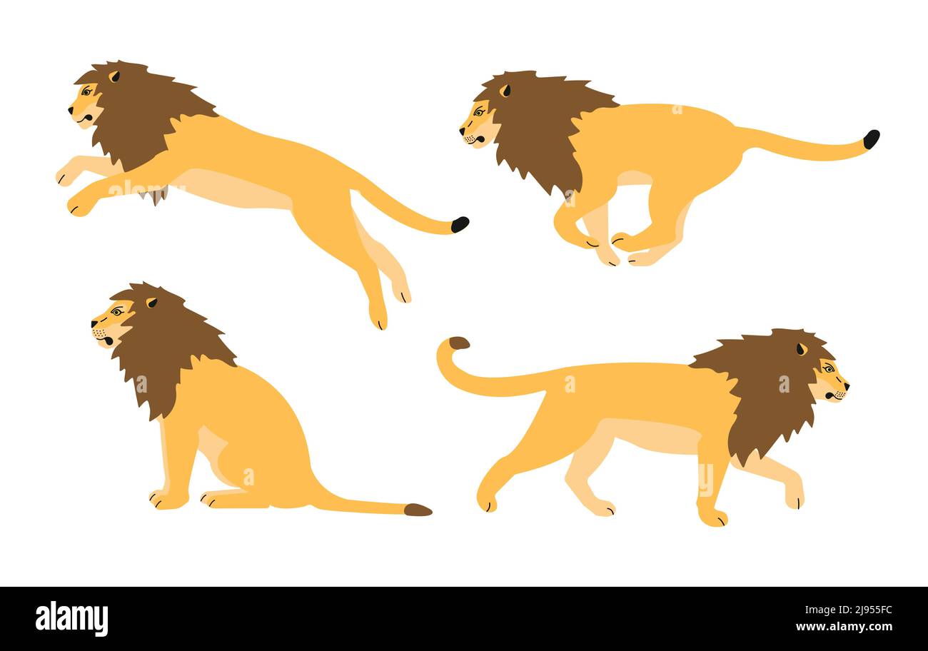 Vektor-Set von flachen handgezeichneten Löwen Stock Vektor