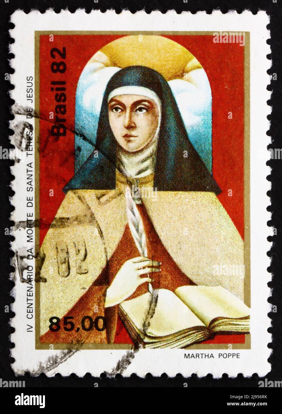 BRASILIEN - UM 1982: Eine in Brasilien gedruckte Briefmarke zeigt die heilige Theresa von Avila, Portrait, Reformator des Karmelitordens, um 1982 Stockfoto