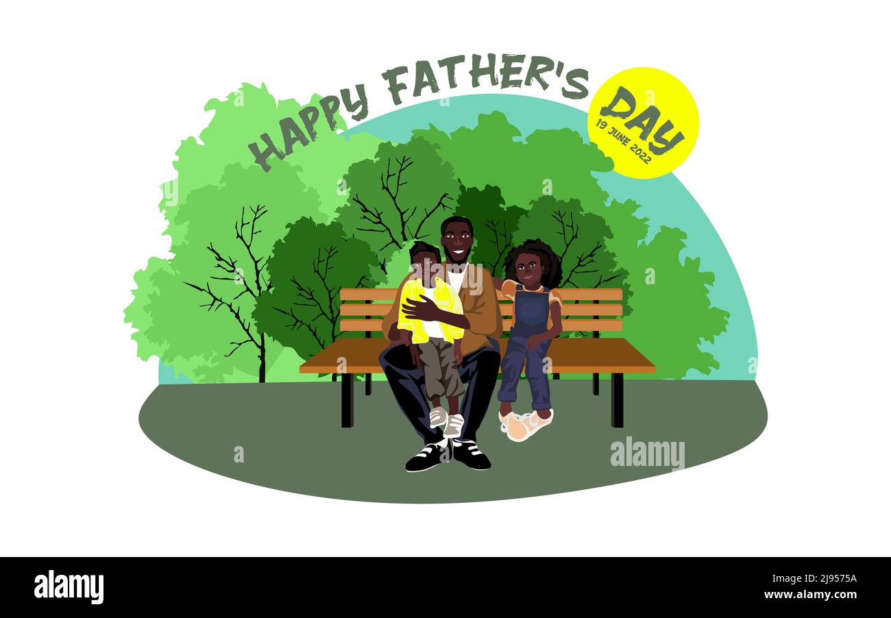 Glückliche afroamerikanische Familie sitzt auf einer Parkbank in sonniger Wetter-Vektor-Illustration Stock Vektor