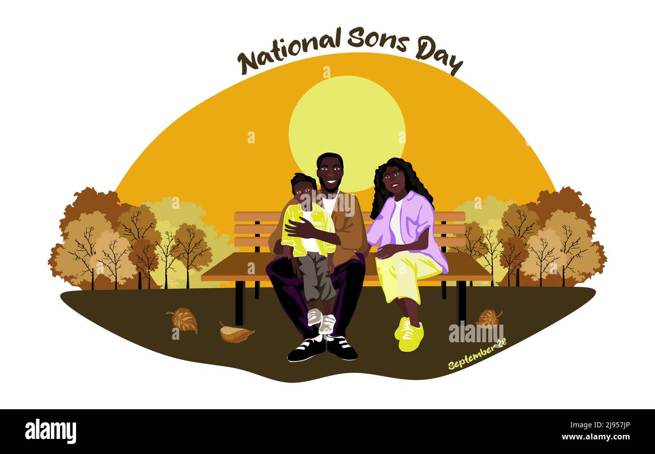 Glückliche afroamerikanische Familie sitzt auf einer Parkbank in sonniger Wetter-Vektor-Illustration Stock Vektor