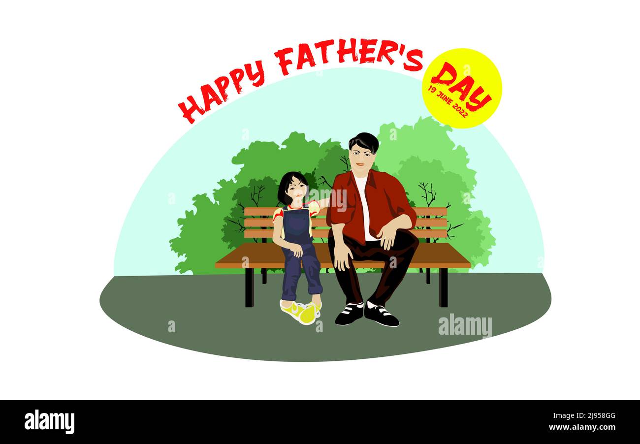 Glückliche asiatische Familie sitzt auf einer Parkbank in sonnigem Wetter Vektor-Illustration Stock Vektor