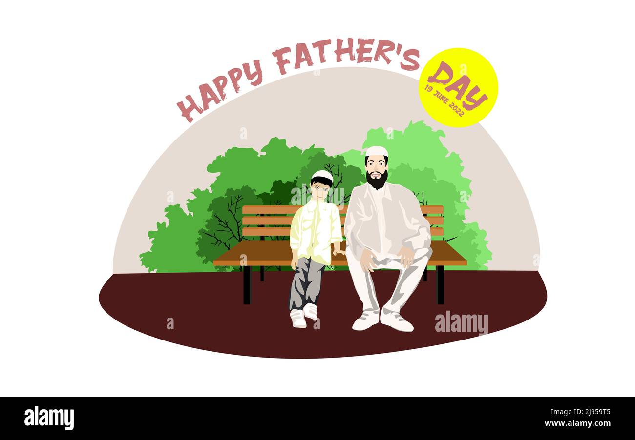 Glückliche muslimische Familie sitzt auf einer Parkbank in sonnigen Wetter Vektor-Illustration Stock Vektor