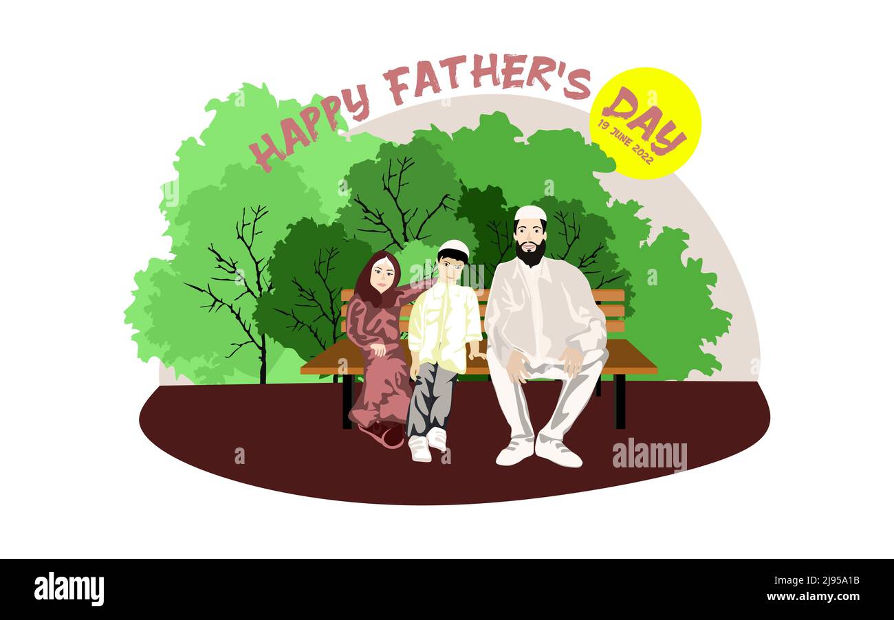 Glückliche muslimische Familie sitzt auf einer Parkbank in sonnigen Wetter Vektor-Illustration Stock Vektor