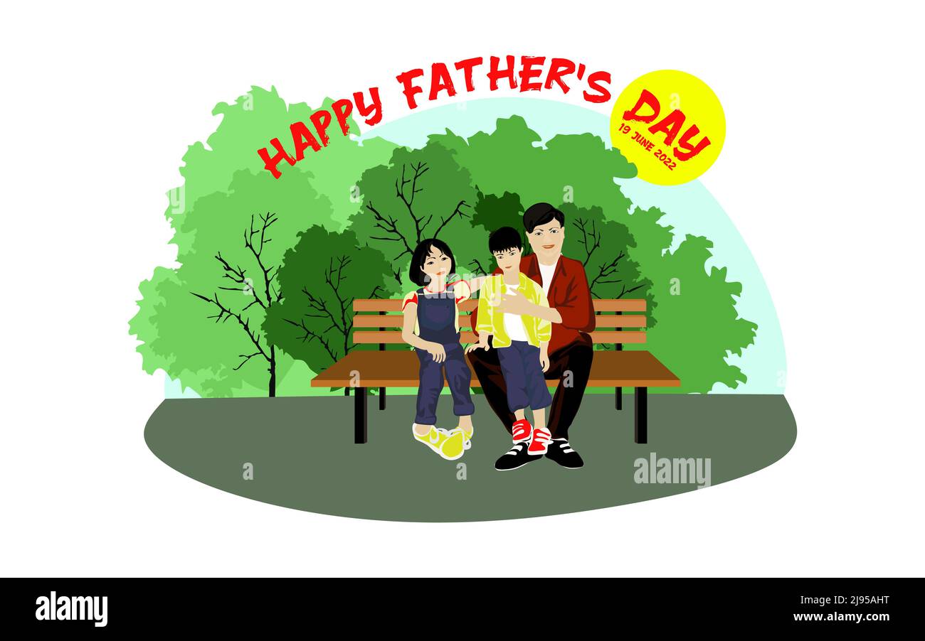 Glückliche asiatische Familie sitzt auf einer Parkbank in sonnigem Wetter Vektor-Illustration Stock Vektor