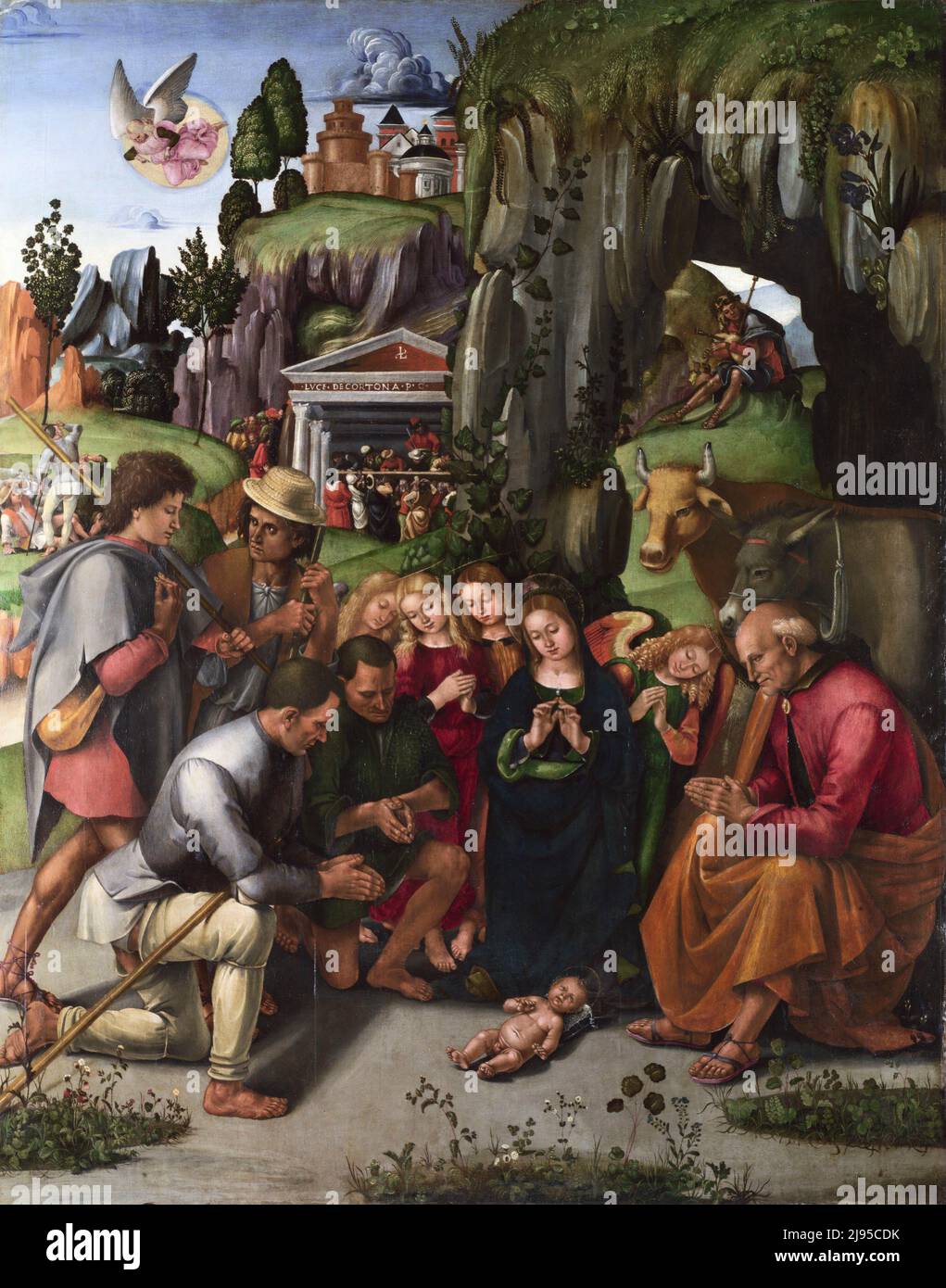 Luca Signorelli. Gemälde mit dem Titel "die Anbetung der Hirten" von der frühen italienischen Renaissance-Maler, Luca Signorelli (c. 1441/1445-1523), Öl auf Holz, c. 1496 Stockfoto