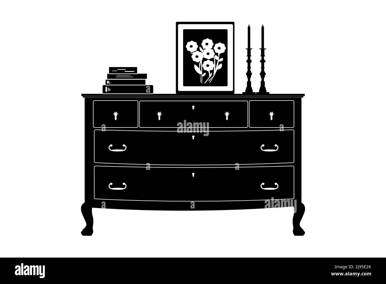 Kommode mit Schubladen, Kerzenständer, Buch und Bild. Kommode oder Nachttisch Silhouette. Symbol für die Kommode. Möbel für Wohnzimmer Interieur. Stock Vektor