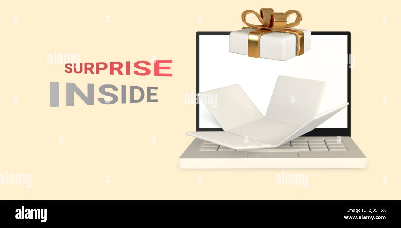 3D realistischer Laptop mit offener Geschenkbox auf hellem Hintergrund. Überraschung im Inneren. Vektorgrafik. Stock Vektor