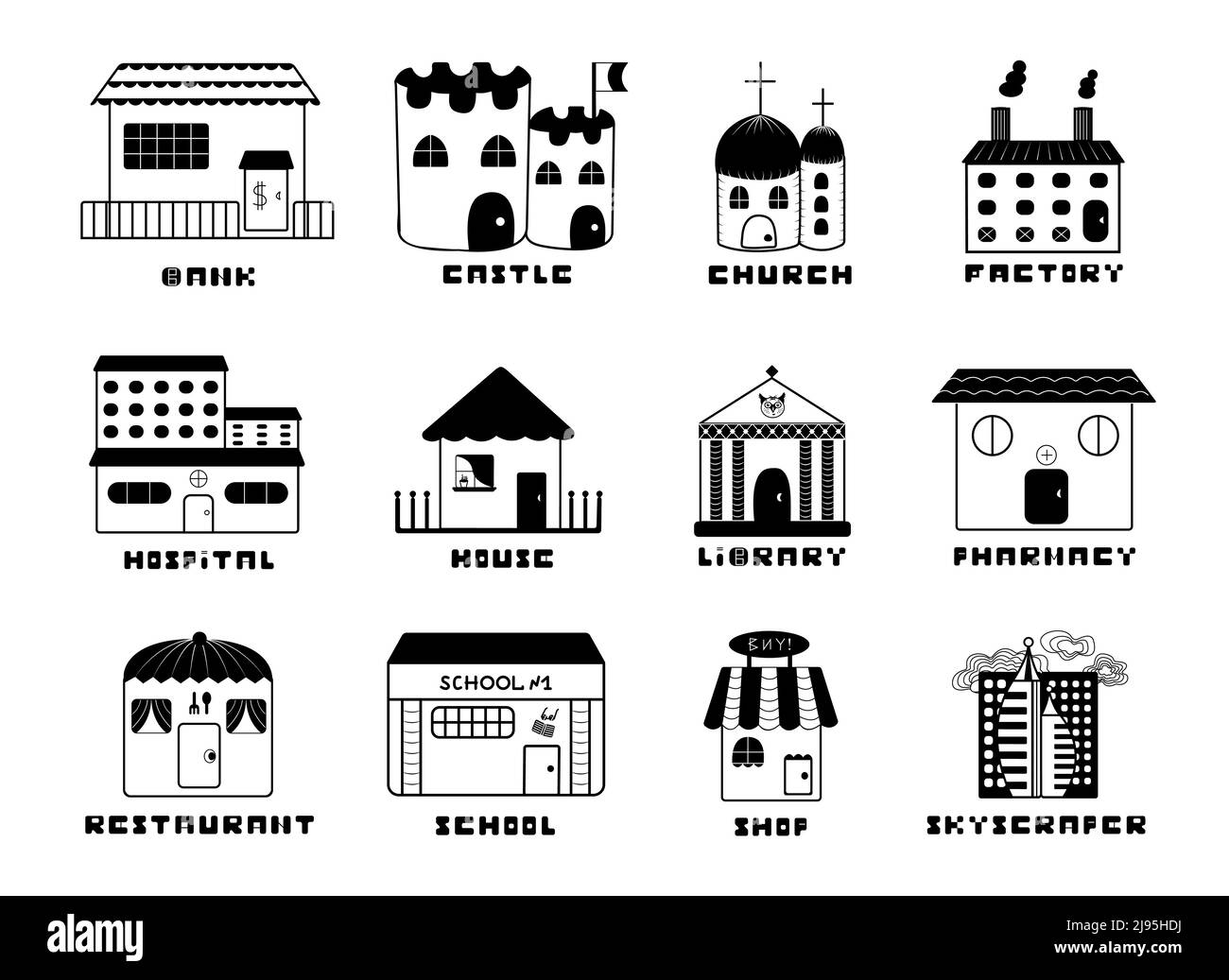 Institutionen, zwölf schwarz-weiße Symbole Stock Vektor