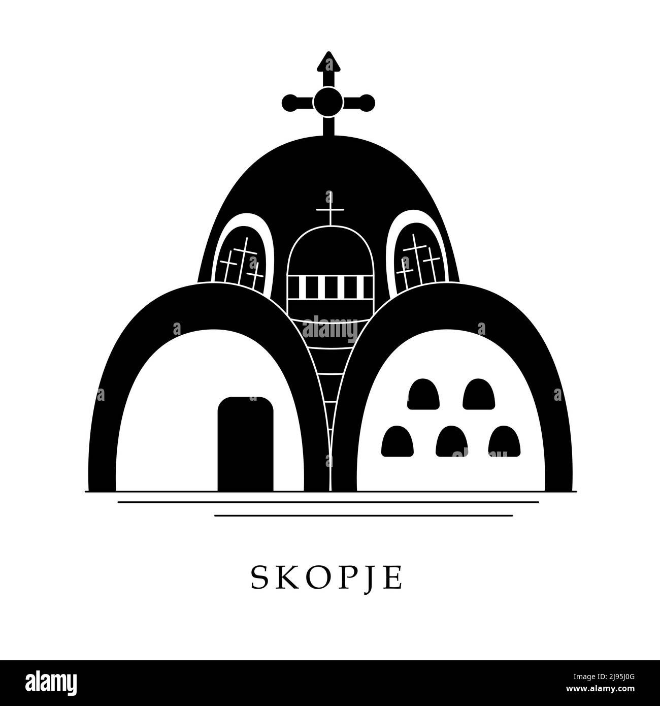 Europäische Hauptstädte, Skopje. Schwarz-Weiß-Abbildung Stock Vektor
