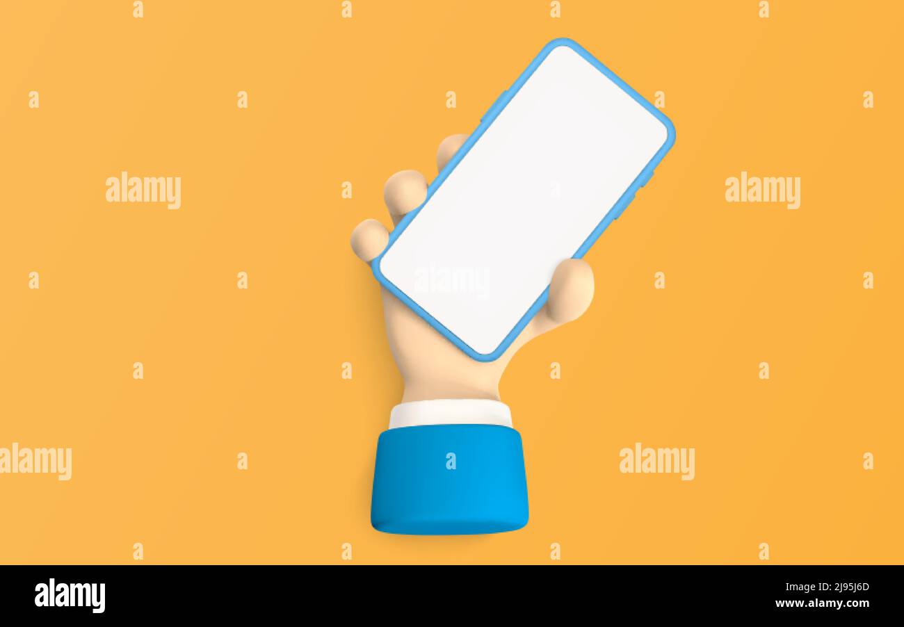 Zeichentrickfigur Hand mit Smartphone, Scrollen oder die Suche nach etwas. 3D Rendering Hand Geschäftsmann in Anzug. Vektorgrafik. Stock Vektor