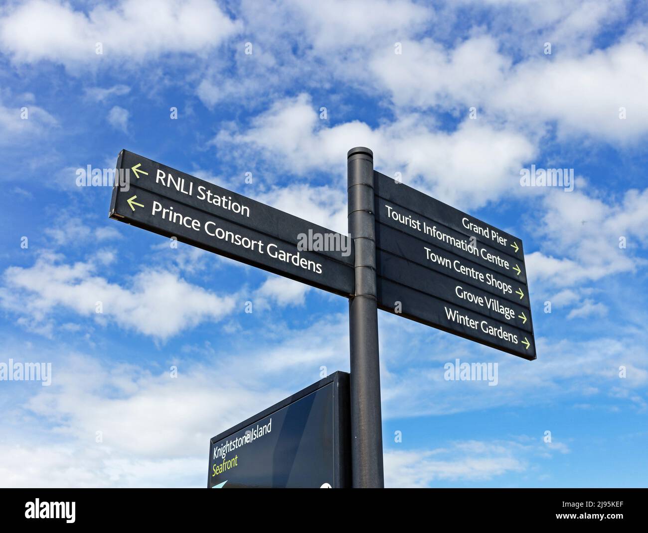Ein Schild in Weston-super-Mare, Großbritannien, das Wegbeschreibungen zu verschiedenen Sehenswürdigkeiten für Touristen gibt Stockfoto